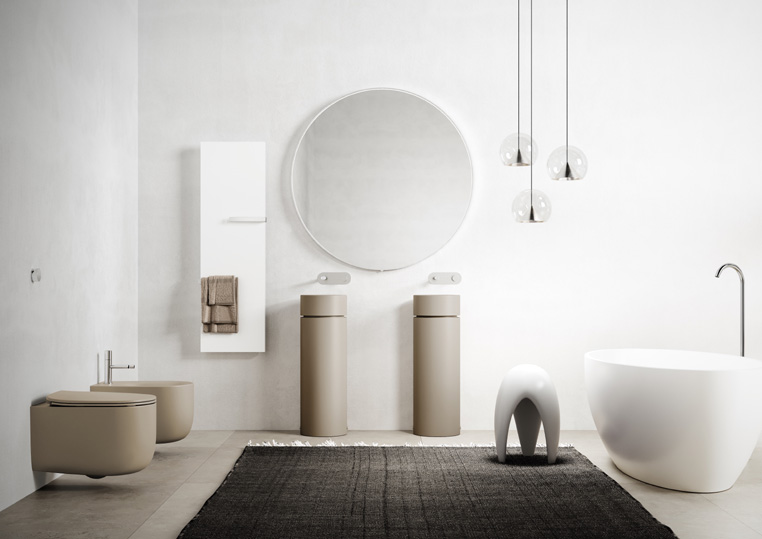 Kerasan lavabo in ceramica Oke in versione tonda freestanding (photo credit Threesixty Torino)